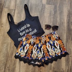 Harmony & Havoc colorful black lace shorts